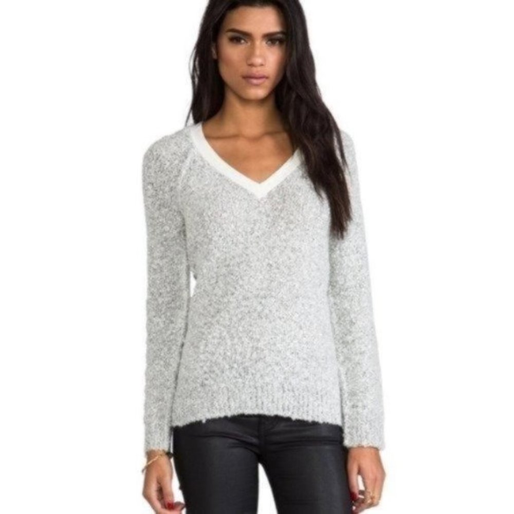 Sanctuary Womens Plush Teddy V Neck Sweater Size Small Gray Ivory Cream